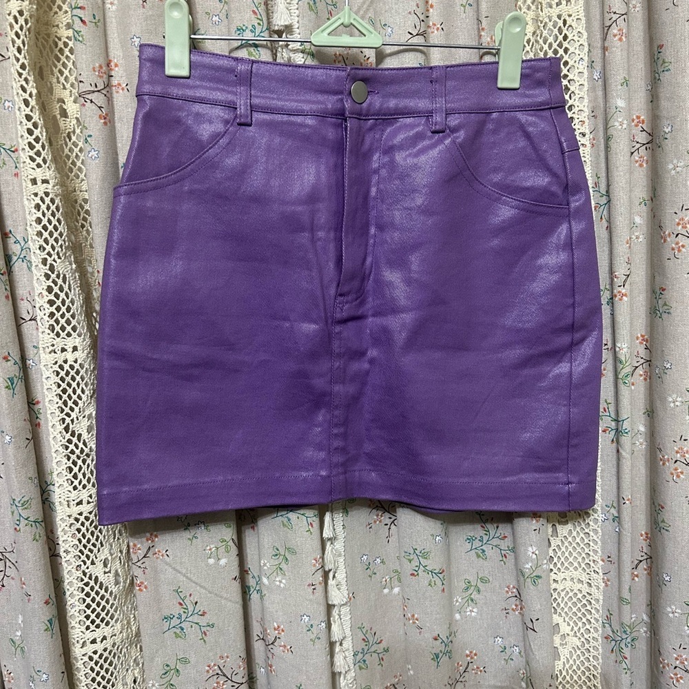 2/$28 Grey Lab Los Angeles Denim Coated Purple Metallic Mini Skirt Size Small